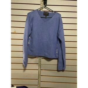 Pure Handknit Cotton Sweater Medium/Large V Neck Pullover Eyelet Lace Up croped